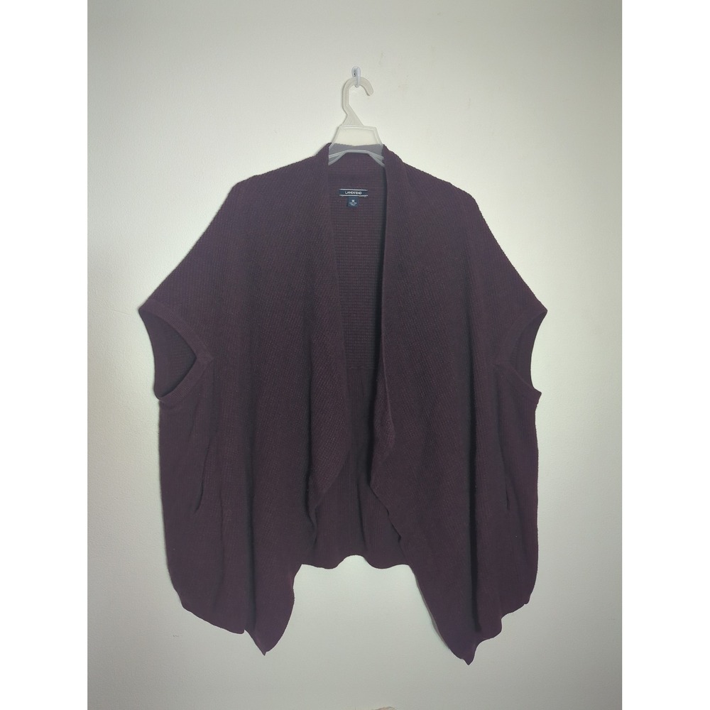 Lands End Womens Draped Cardigan Cape 1X Burgundy Plum Waffle Knit Open Front 1X